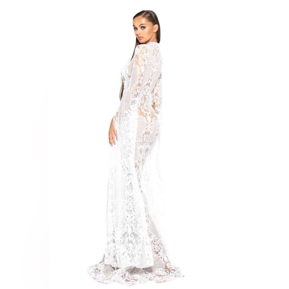 Portia and Scarlett Glitter Lace Mockneck Floor Length Bat Sleeve Evening Dress - Picture 2 of 15